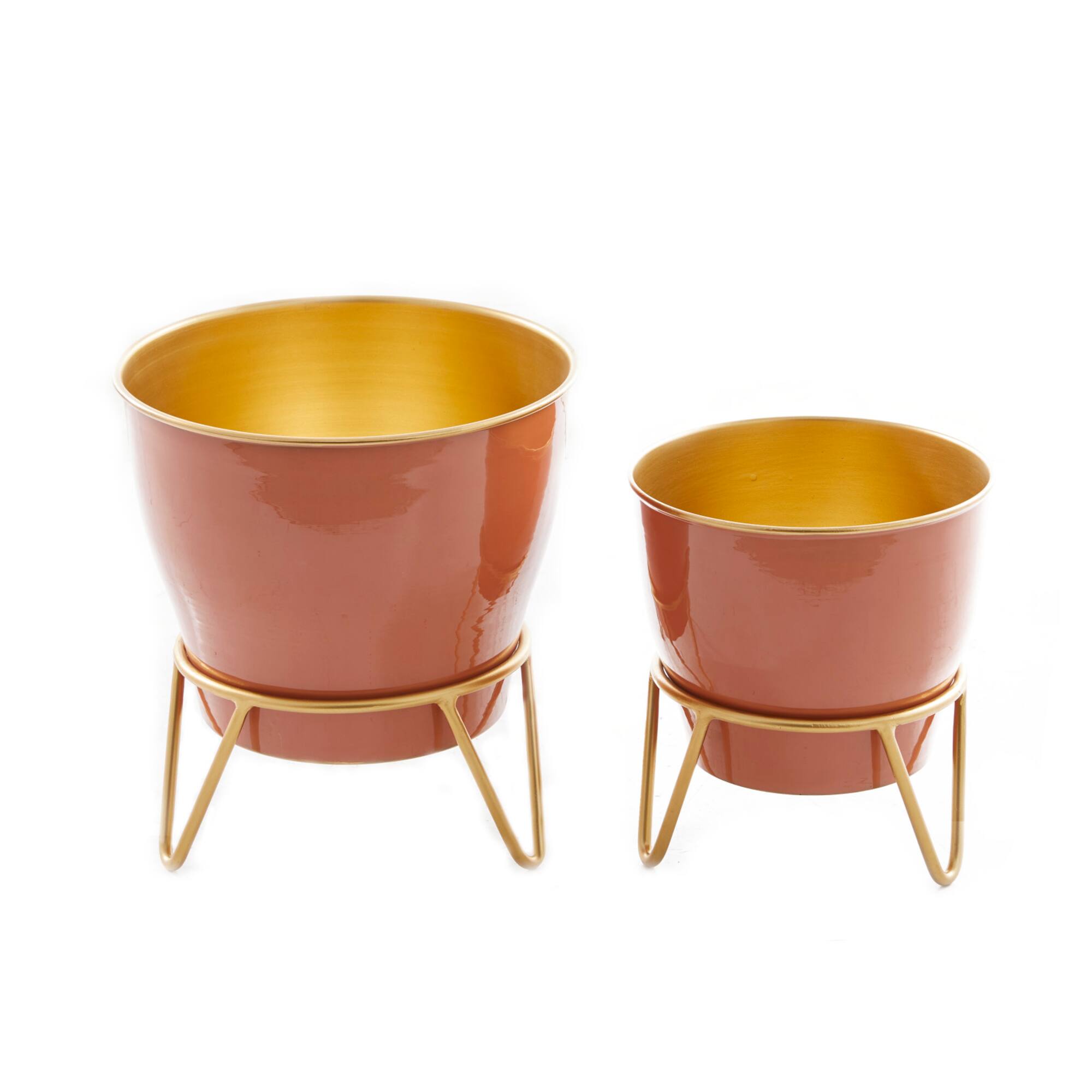Set of 2 Pink Iron Modern Planter, 12" x 10" x 10"